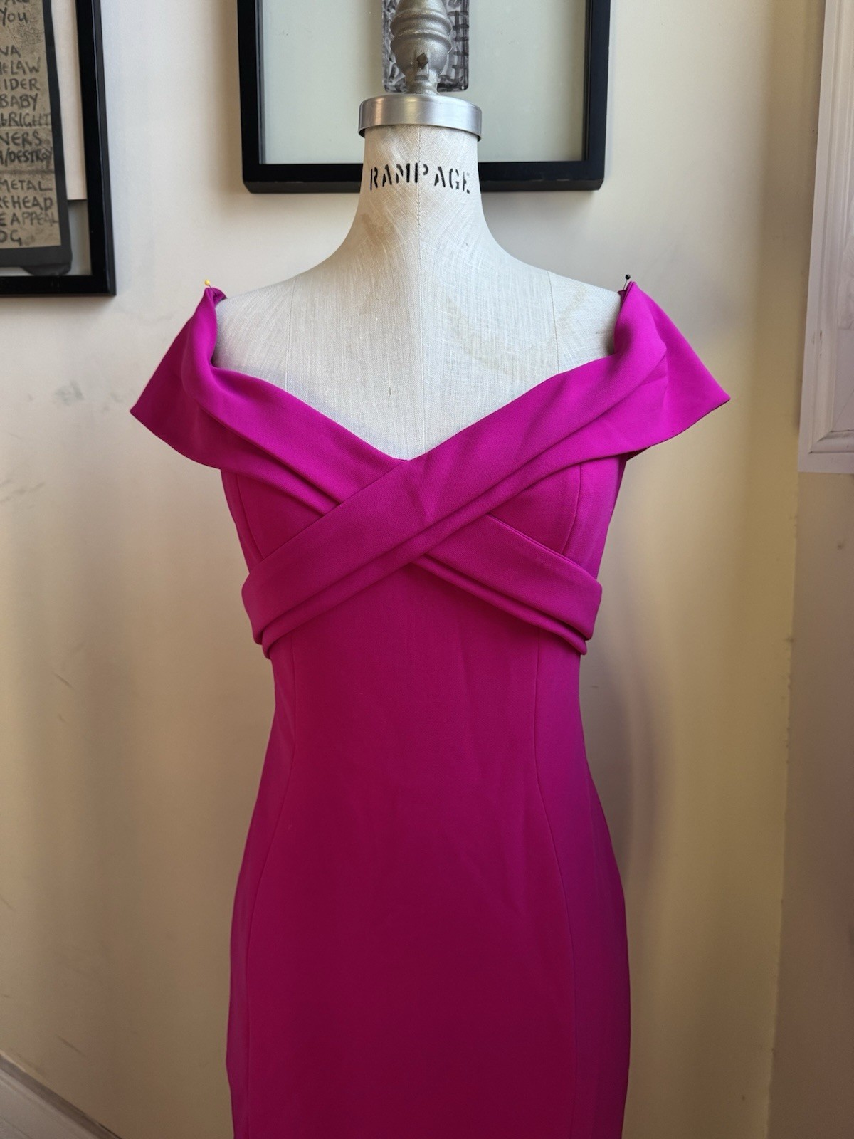 Theia Off Shoulder Column Gown Formal Dress Hot Barbie Pink Fuchsia size 10