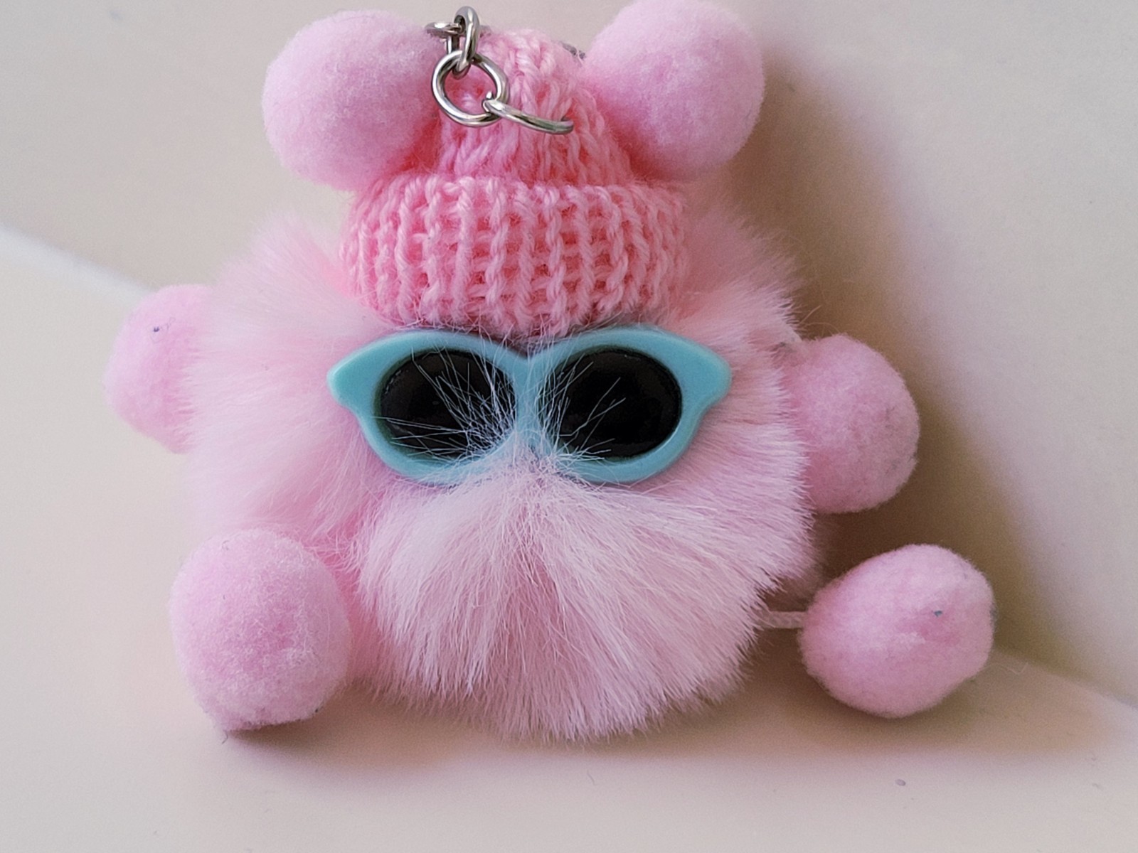 Cute Fluffy Pink Pom Pom Keychain, Sunnies & Knit Hat Accessories