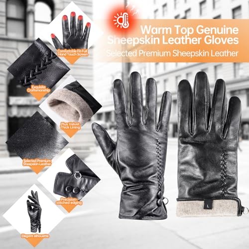 Sheepskin Leather Gloves for Women, Soft Warm Cashmere Lining Full Hand Medium