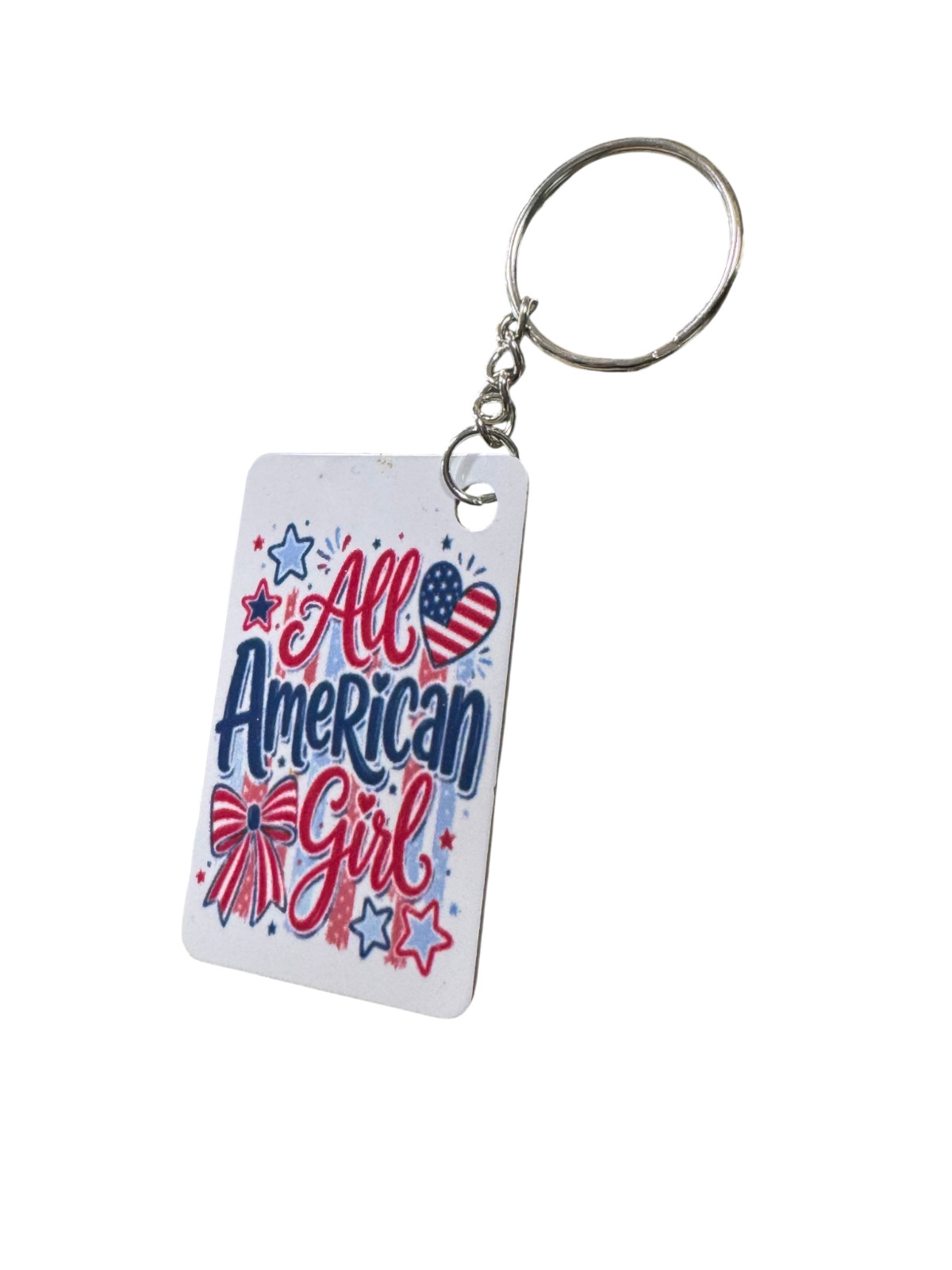 All American Girl Patriotic Metal Keychain, Red White and Blue USA Flag Design