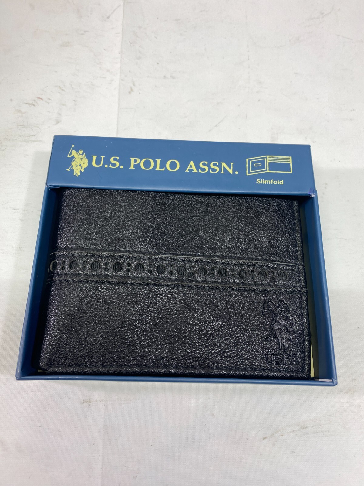 US POLO ASSN Black Leather Logo Embossed Slim Fold Wallet Men’s NIB