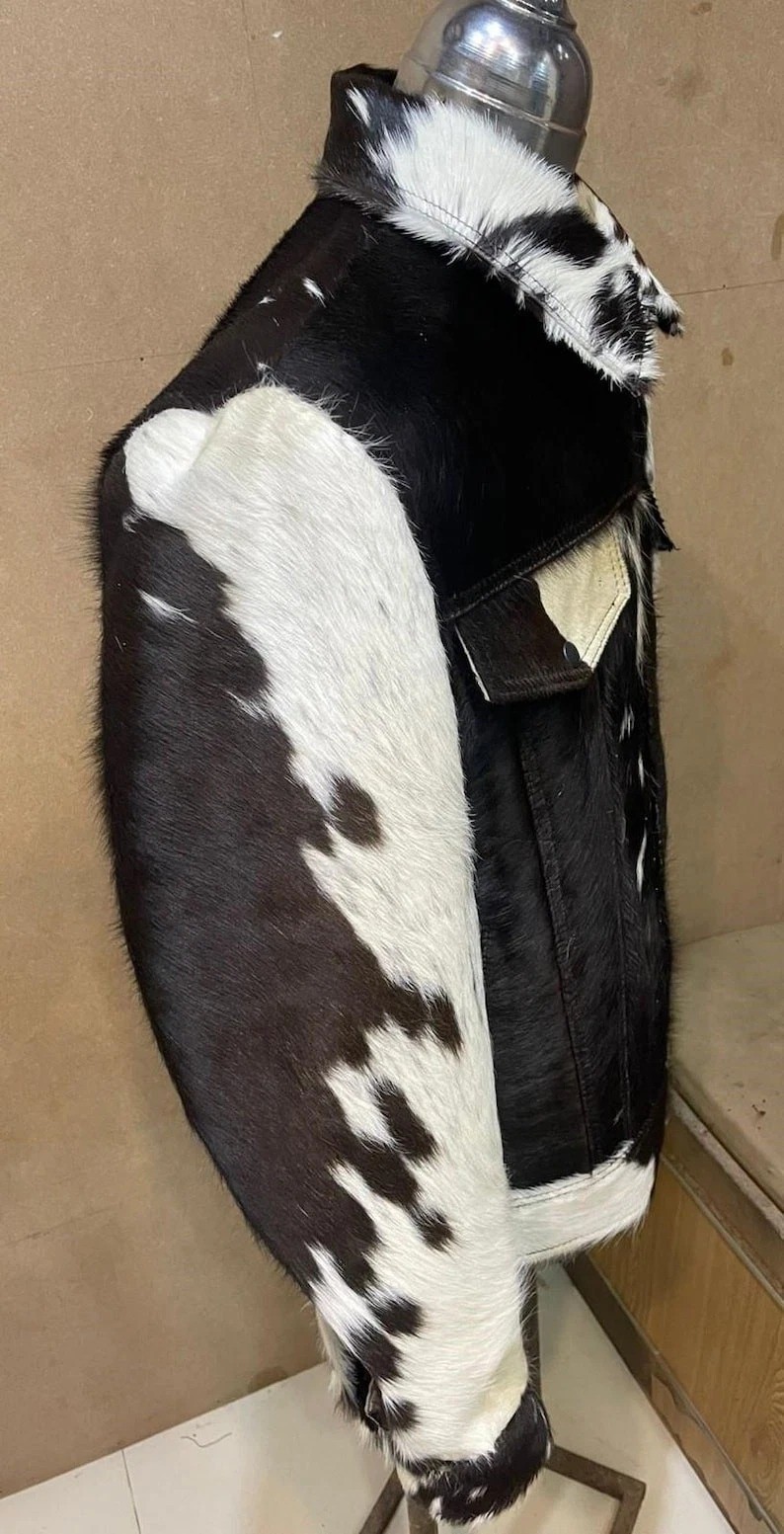 Men’s Genuine Cowhide Hair-On Leather Jacket -Natural Cow Skin Pattern Coat Gift