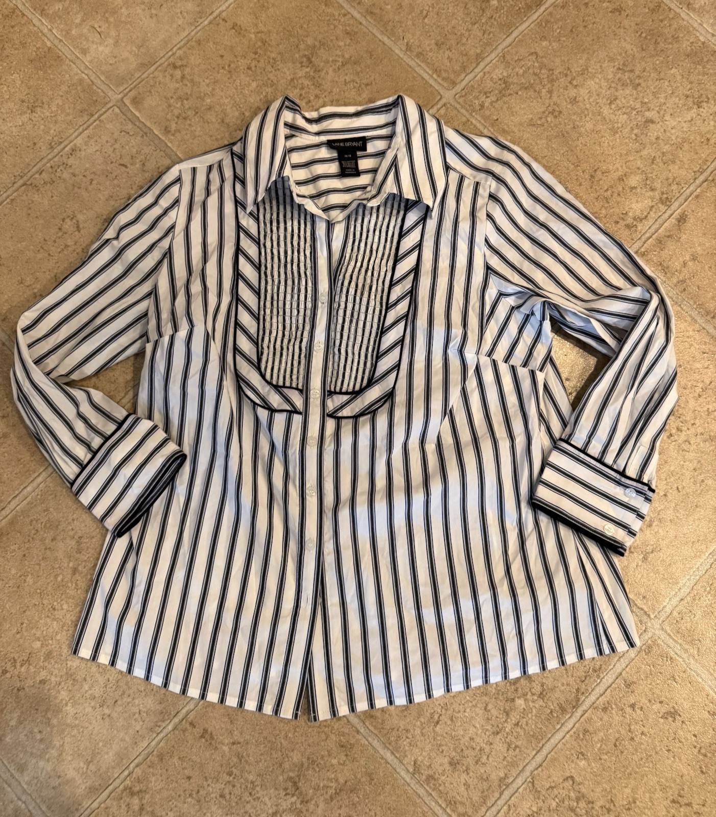 Lane Bryant White Blue Striped Collared Button-Up Long Sleeve Stretch 14/16