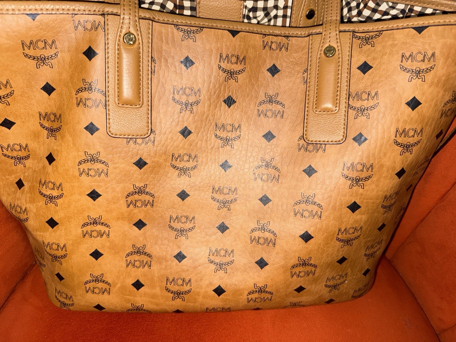 MCM Monogram Brown Tote Bag w/ Pouch, Logo Accents, Inner Pockets, Gold HW