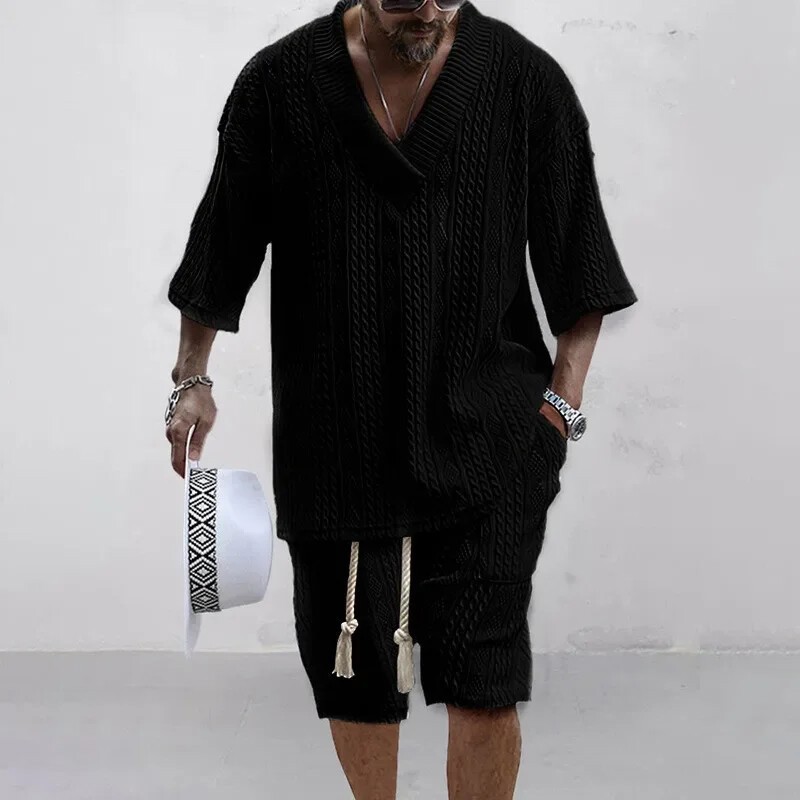 Men’s 2 Piece Knitted Set Summer Rolled Sleeve Short sleeve Shirt and Shorts Set