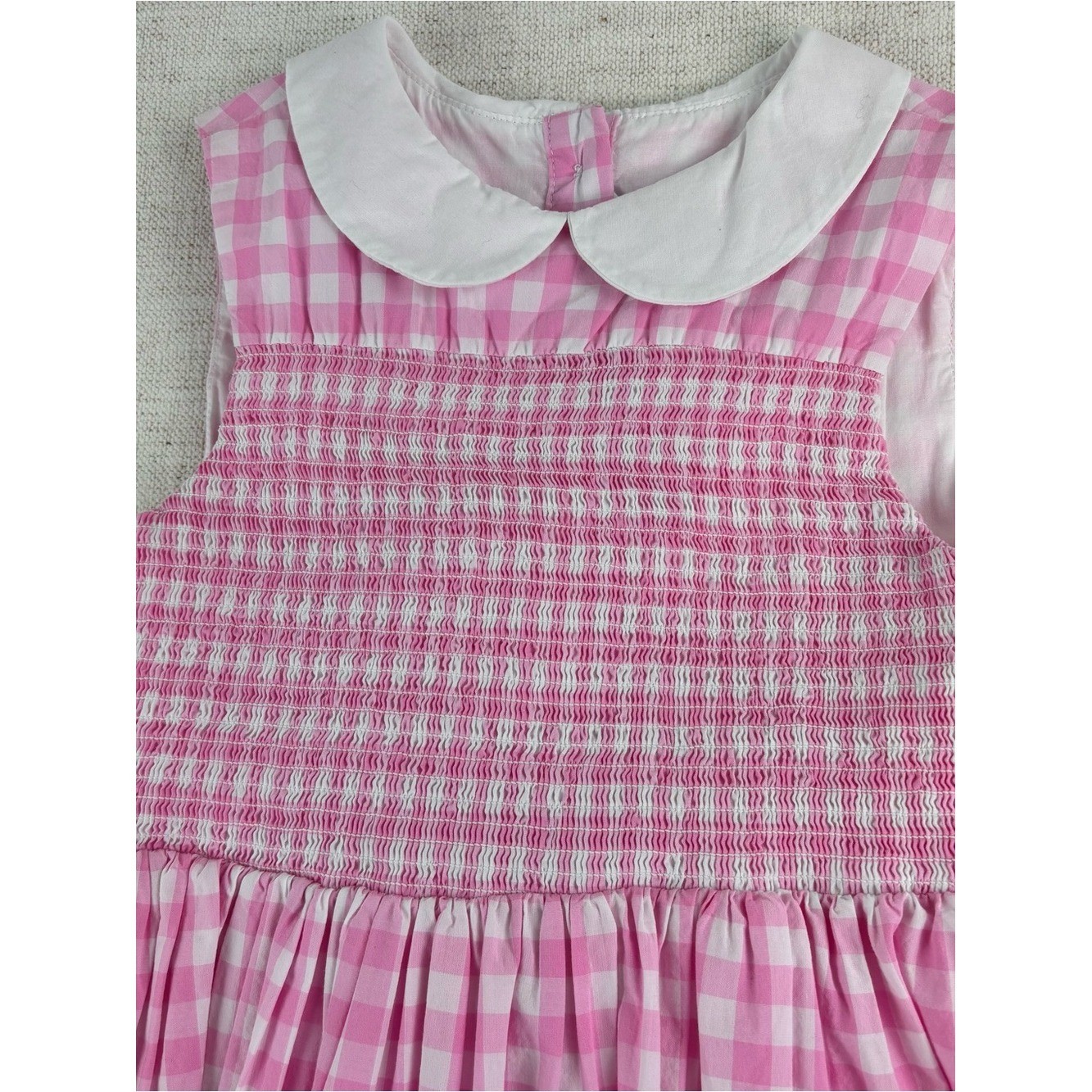 Janie and Jack girls 7 Pink Gingham Sleeveless Smocked Dress Peter Pan Collar