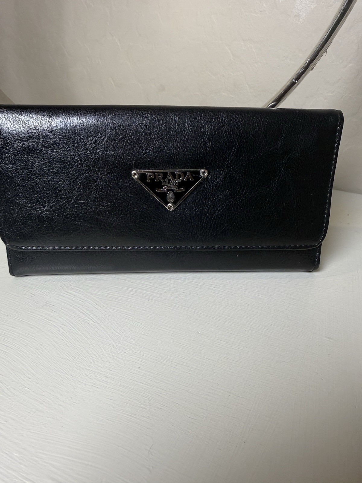 Prada Black Solid Long Clutch Wallet Triangle Logo Plaque Back Zip Pocket