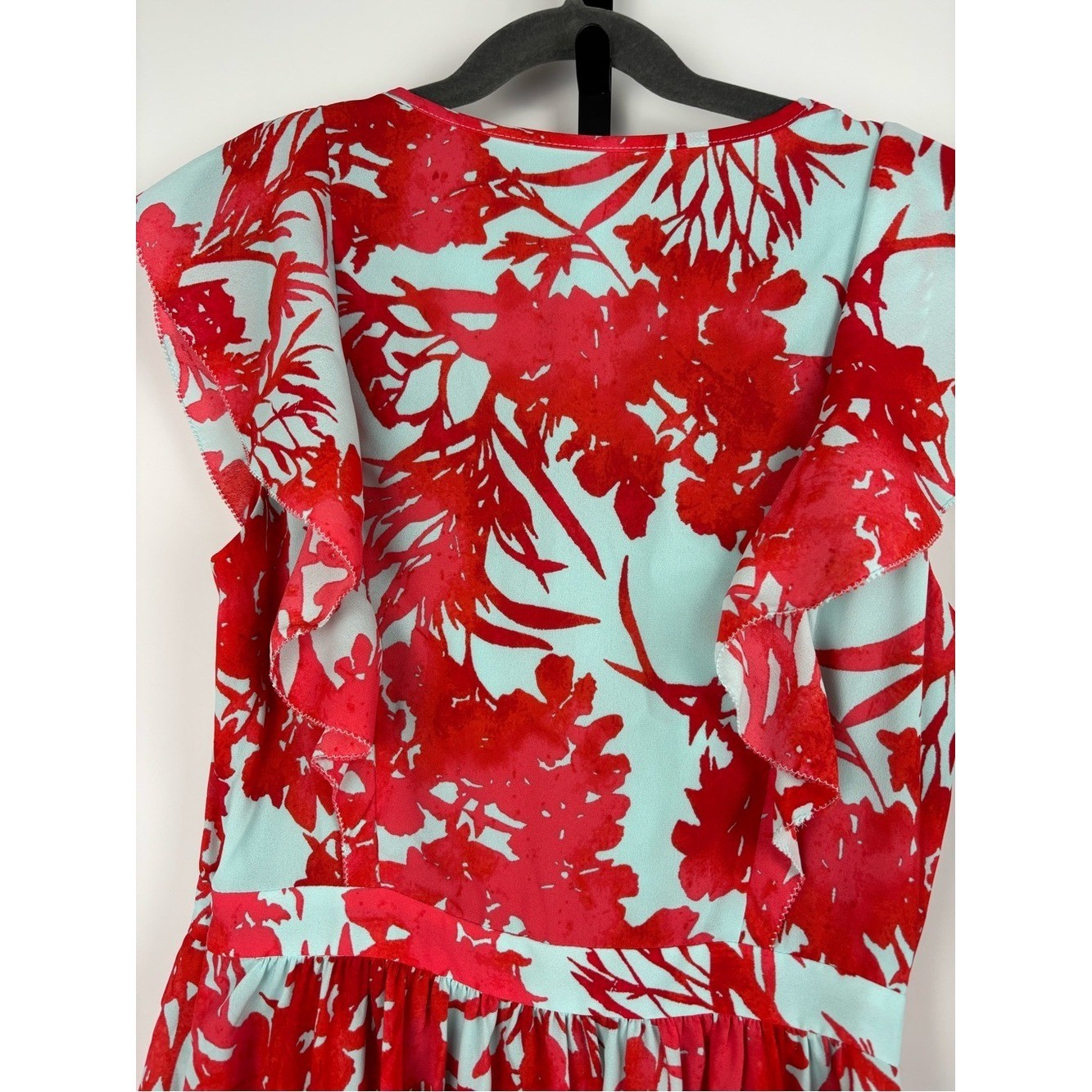 BR Sz 0 NWT Floral Ruffle Sleeve Dress Aqua Pink Fit & Flare Pockets Dressy Chic