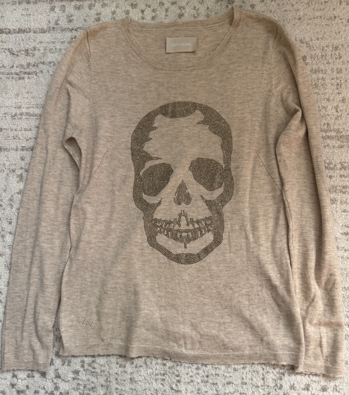 ZADIG&VOLTAIRE Gold Studded Skull 100% Cashmere Oat Beige Tan Sweater NWOT M