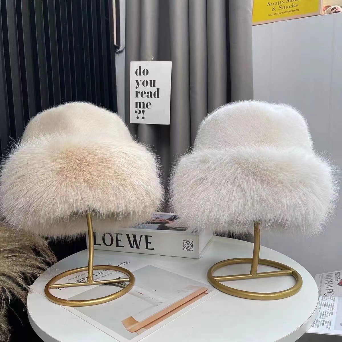 Women Faux Fur Mongolian Hats Cap Brimless Plush Fluffy Skiing Riding Warm