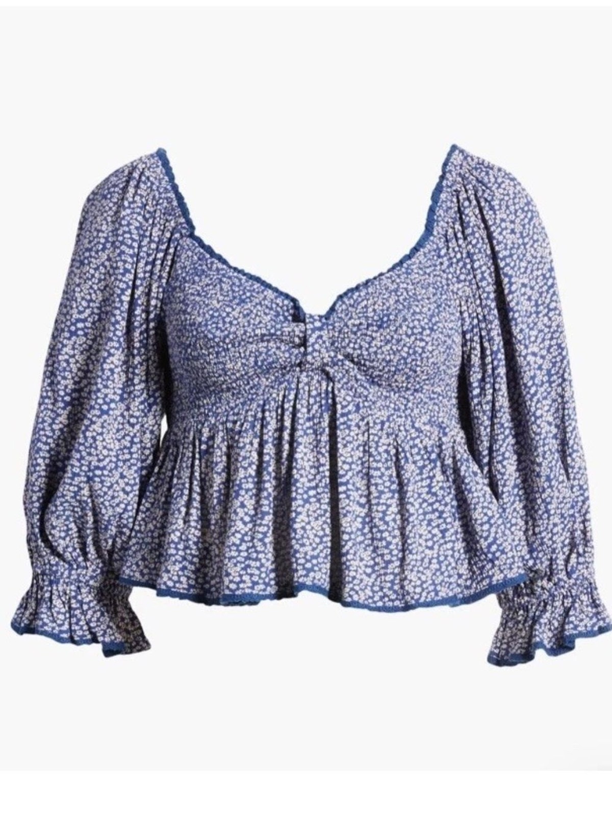 FREE PEOPLE Britnee Blue White Floral Smocked Peplum Puff Sleeve Top 📐L