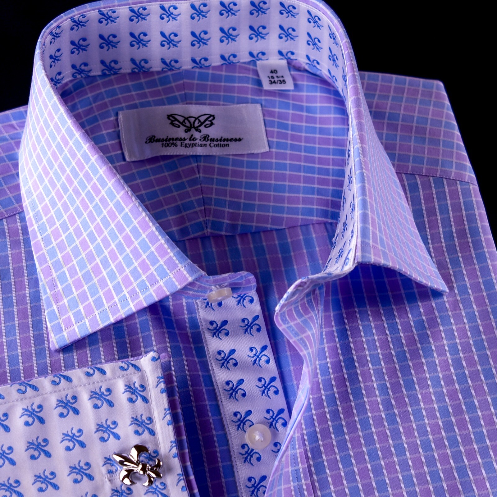 NEW Arrival Purple Blue Check WIth Blue Fleur-De-Lis Dress Shirt French Cuffs