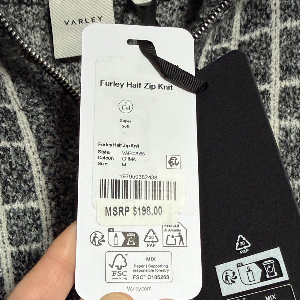 NWT Varley Furley Half Zip Knit Gray White Plaid Medium