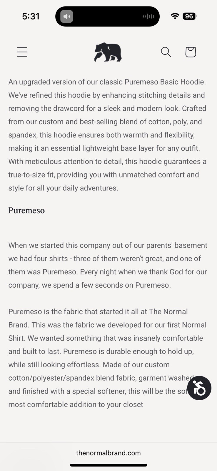 Normal Brand Puremeso Essential Hoodie Black Size Medium $88 MSRP