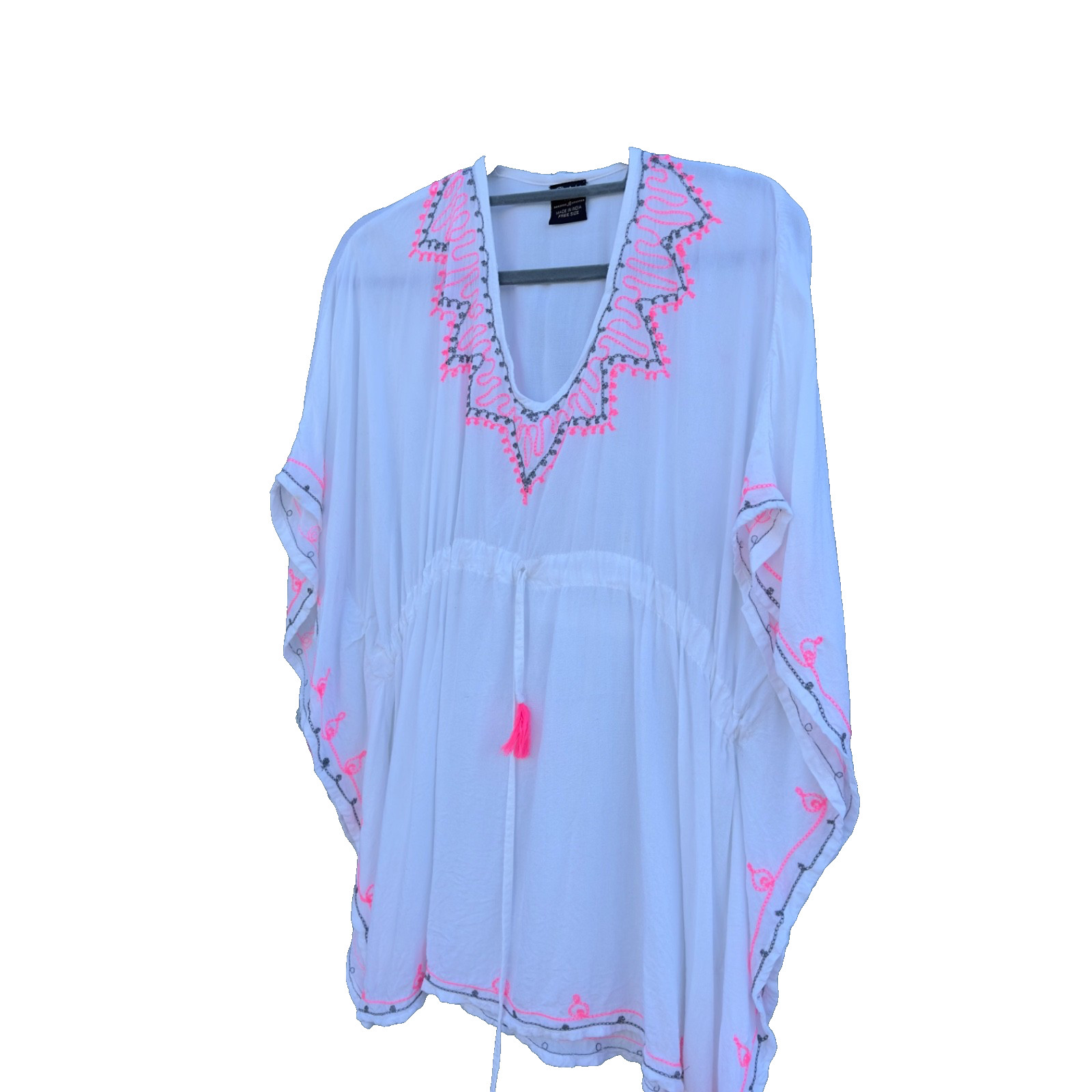 Omja World White Kaftan Top – Neon Pink Treble Clef & Black Swirl Embroidery OS