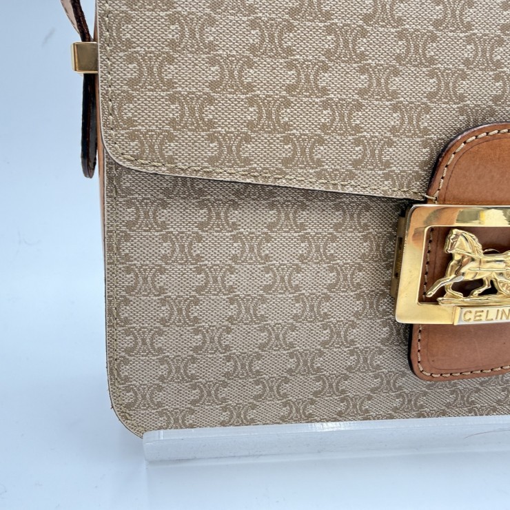 CELINE Vintage Macadam Shoulder Bag in Beige PVC and Leather with Gold-Tone …
