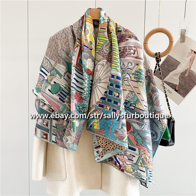 Sallys 70% Cashmere & 30% Silk Wrap Scarf Animals Print Double Face Shawl 53″