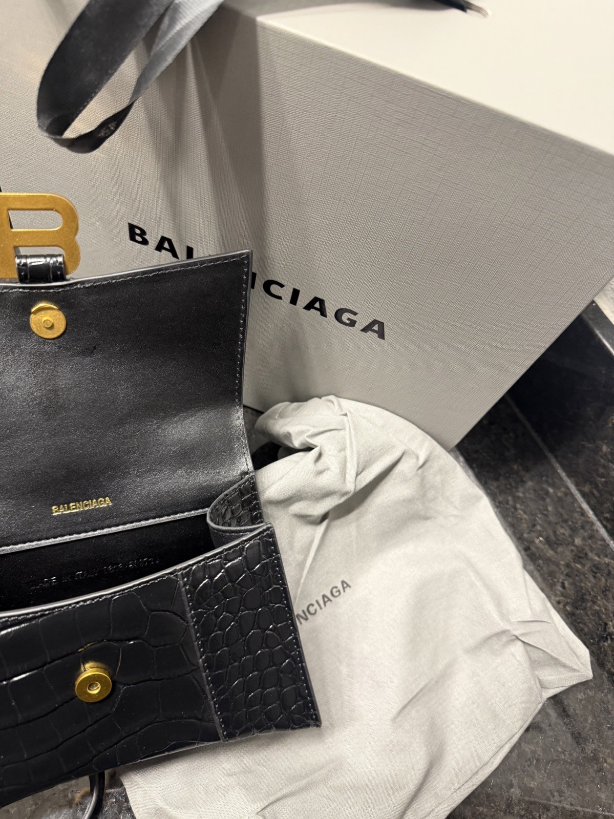 Balenciaga Black Croc Embossed Top Handle Bag w/ Gold B Logo & Strap
