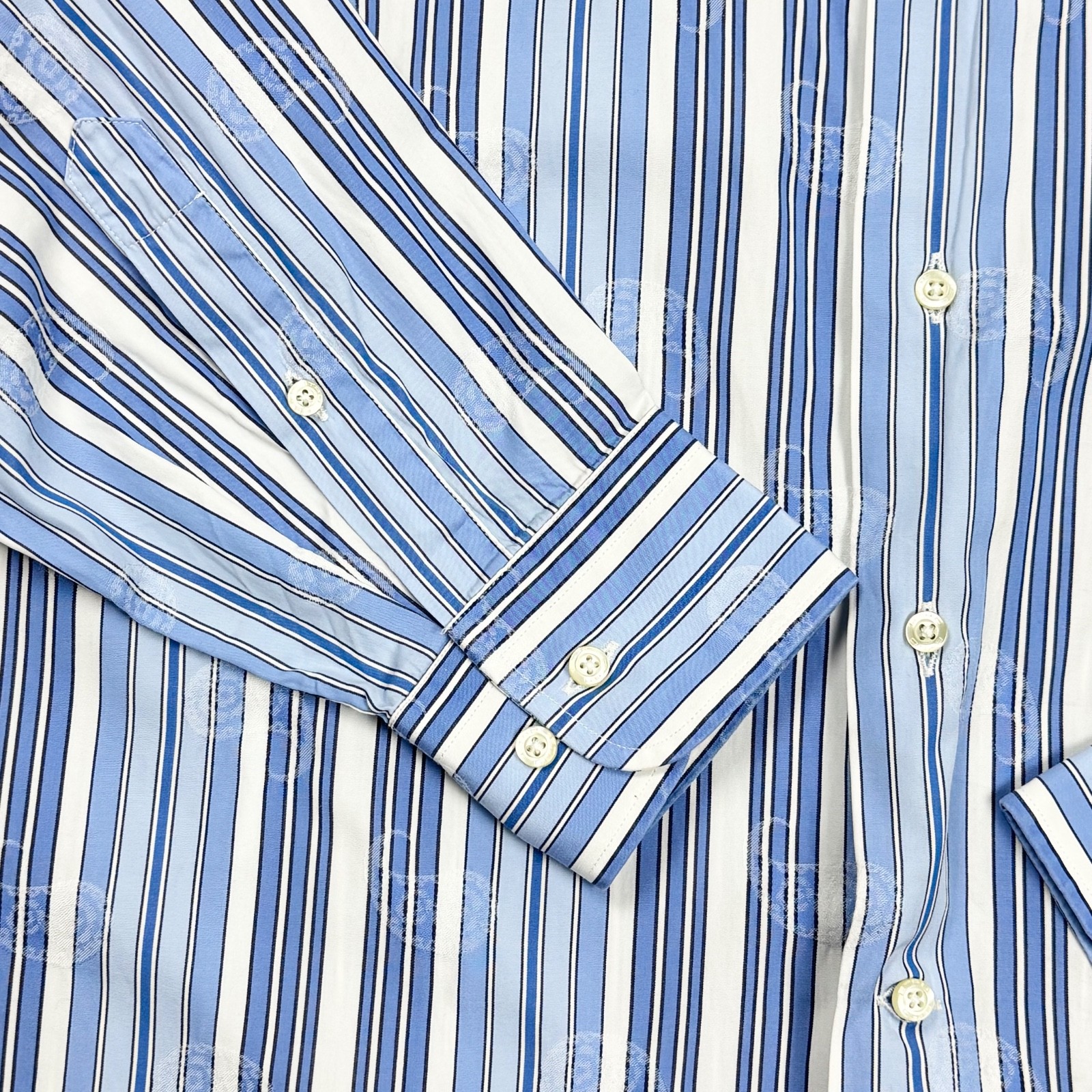 ETRO Milano Men’s Slim Fit Striped Paisley White Blue Cotton Dress Shirt 42
