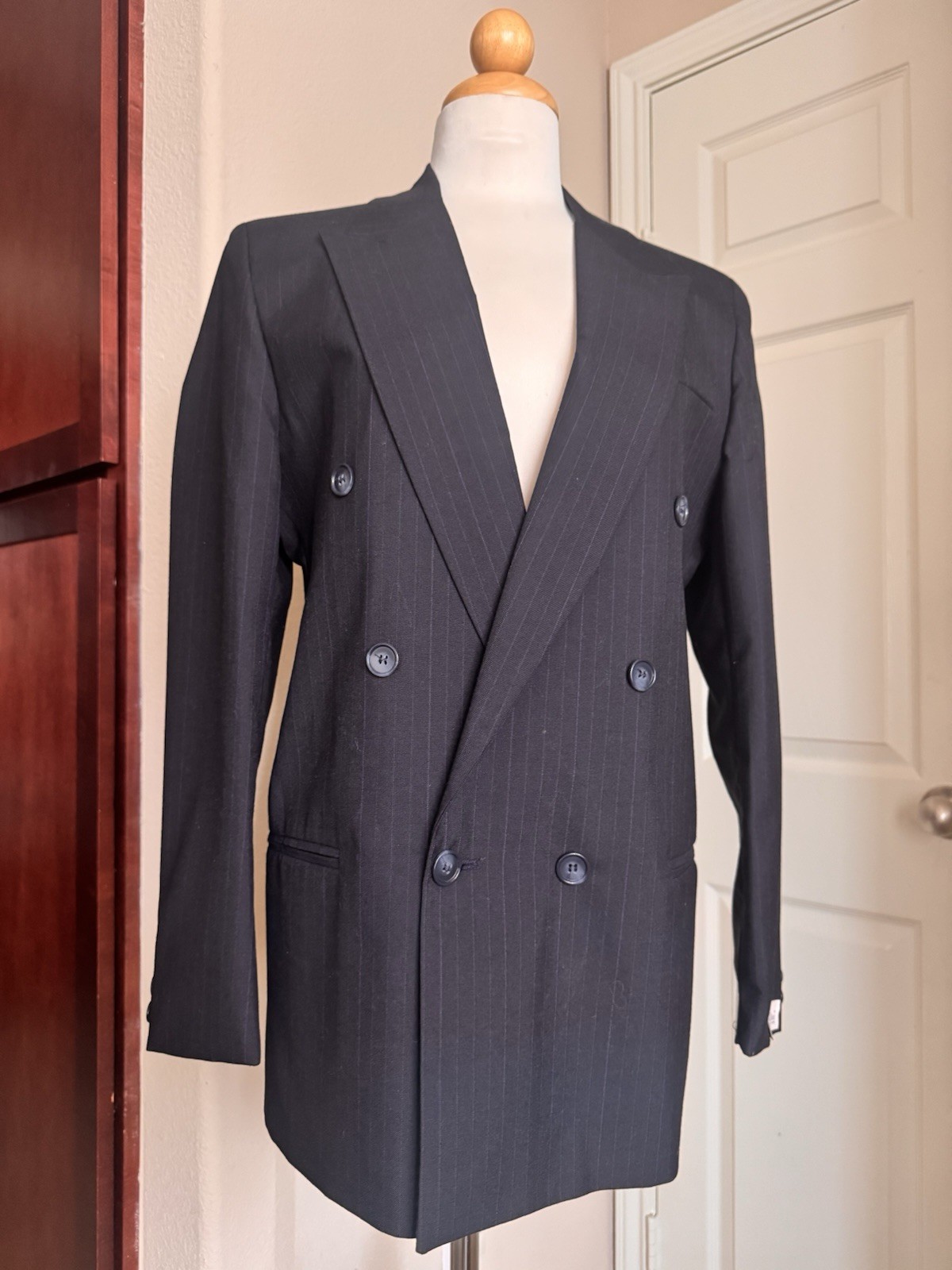 Vintage Christian Dior Pinstripe Wool Blend Pantsuit Doubl Breasted Blazer Sz 16