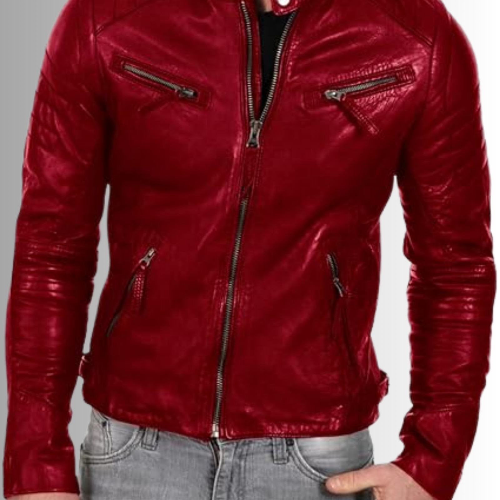Red Men’s Leather Biker Jacket Slim Fit Moto Quilted Zipper Pockets Coat