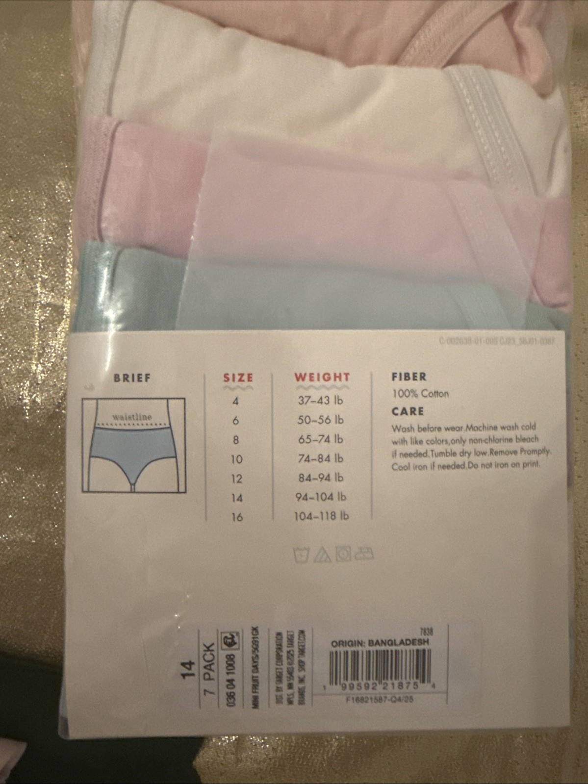 NWT Cat & Jack Girls 7 Pair Cotton Briefs Panties Days of the Week Size 14
