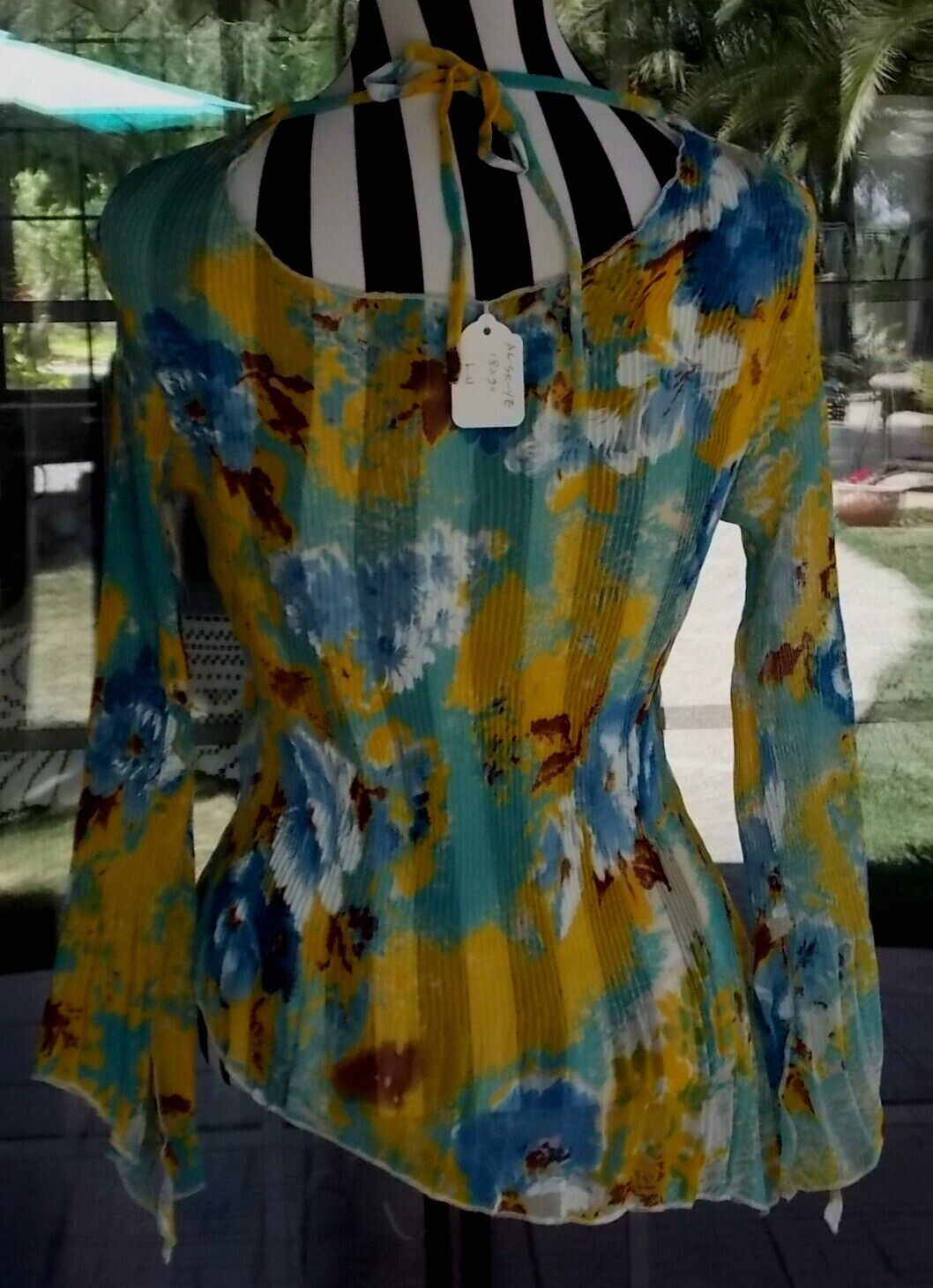 3/4 Split Flutter Sleeves Cowl Neck Pleat Asym Hem Sheer Shirt Sz. M 34-38″ Bust