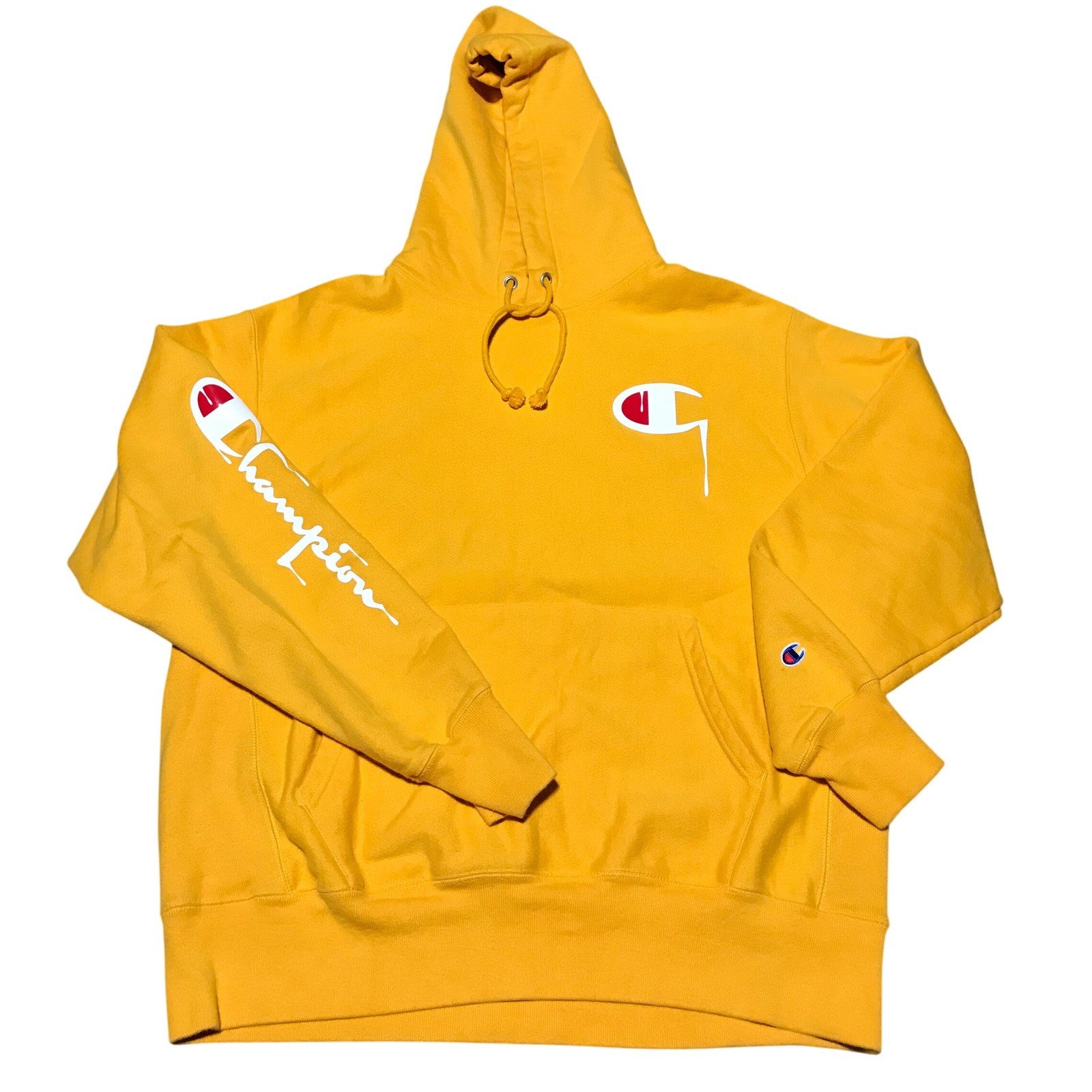 Champion Reverse Weave Gold Yellow Drip Logo Hoodie Mens Large GF68 BYC