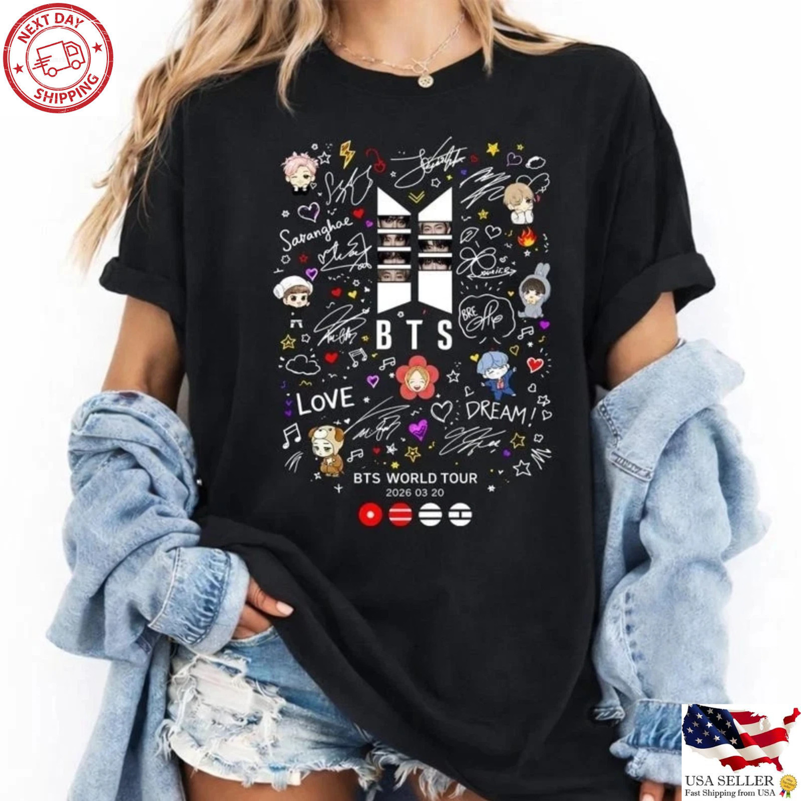 BTS World Tour 2026 Graphic T-Shirt Cute Kpop Fan Cartoon Tee