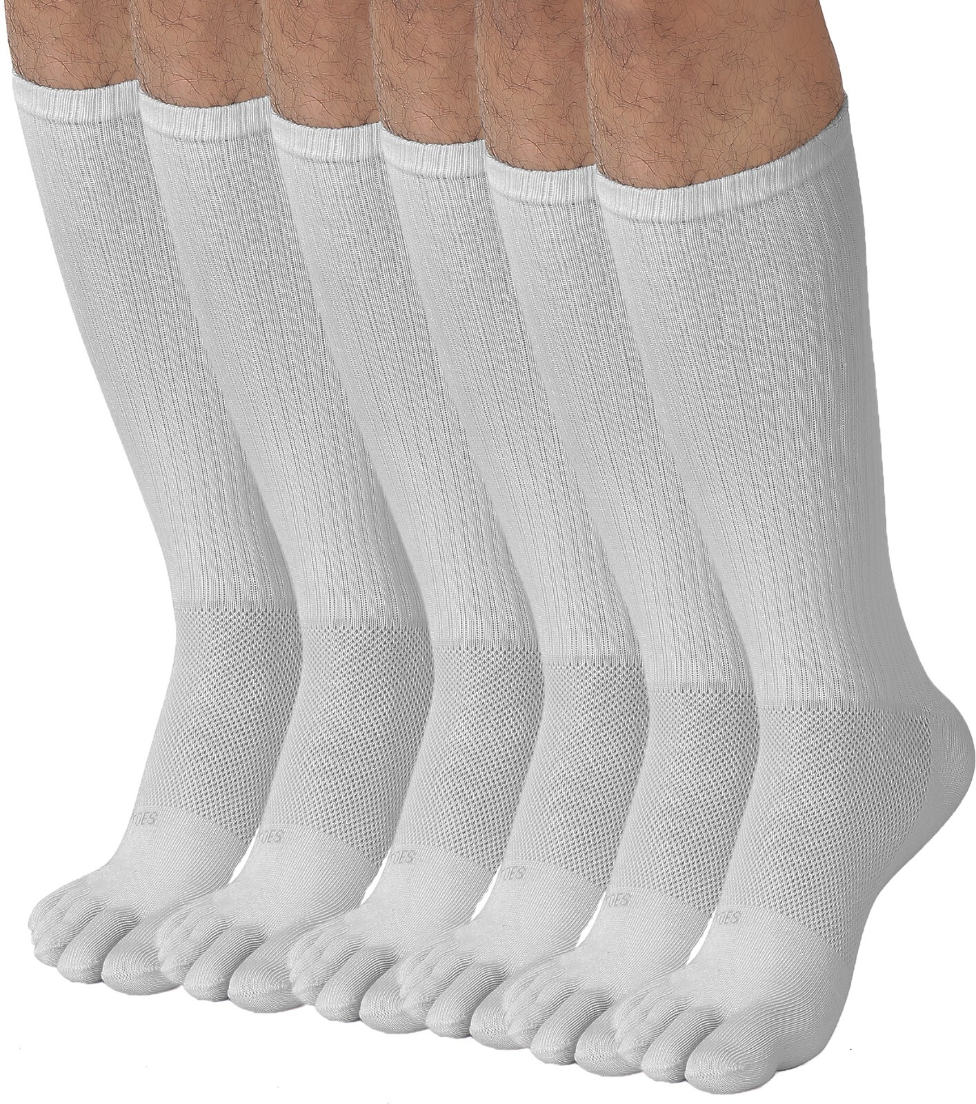 FUN TOES Men Crew Toe Socks Athletic Running Proper Toe Alignment 6 PAIRS White
