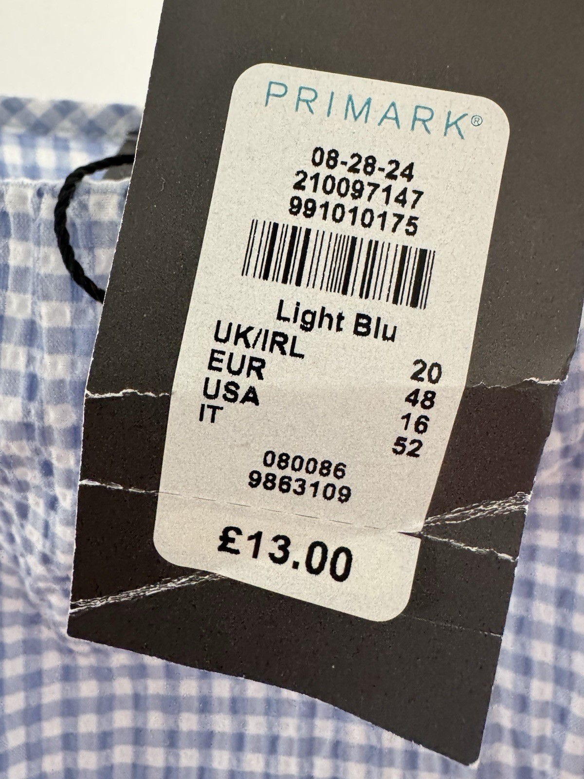 Primark Light Blue Gingham Summer Dress UK 20 Tie Strap Side Zip Lightweight