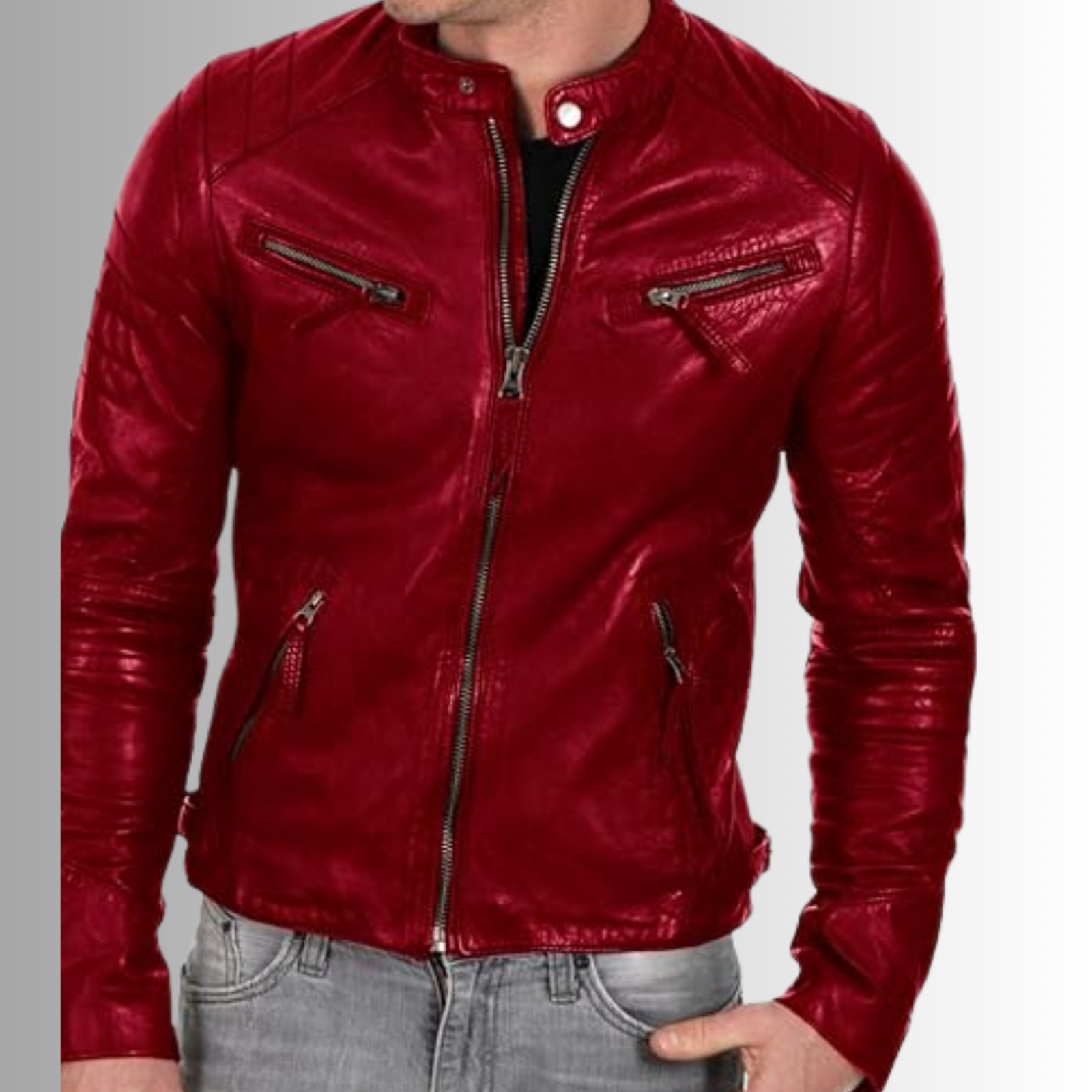 Red Men’s Leather Biker Jacket Slim Fit Moto Quilted Zipper Pockets Coat