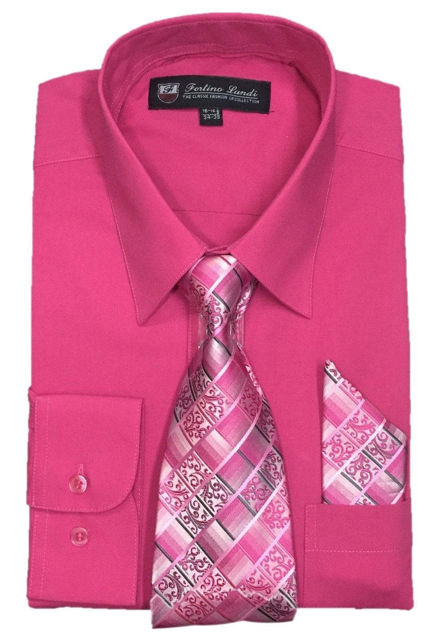 Men’s Cotton Blend Dress Shirt with Tie and Handkerchief in 22 different colors