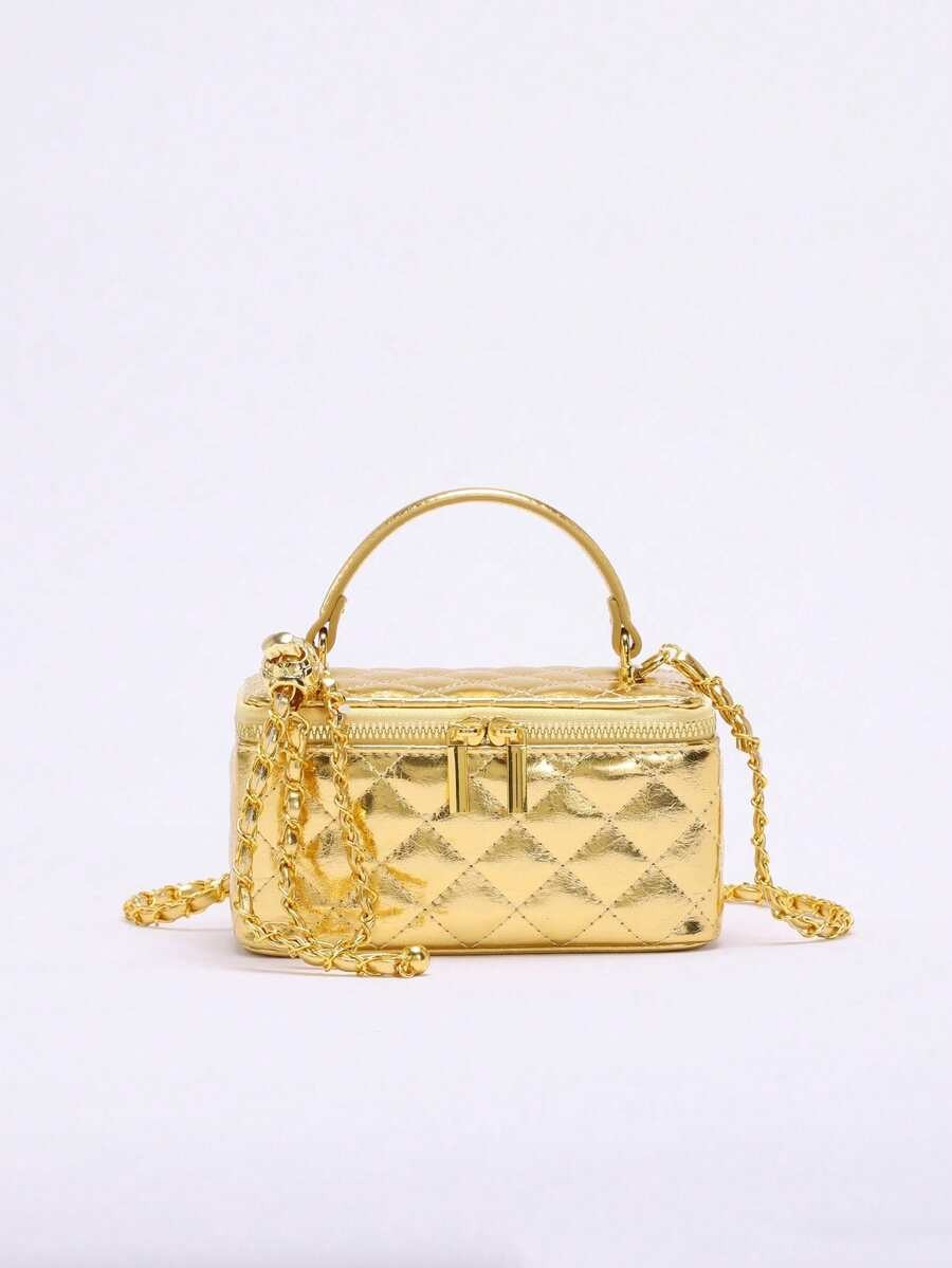 Fashionable Quilted Box Bag Plain Mini Crossbody Chain Strap Zipper Purse
