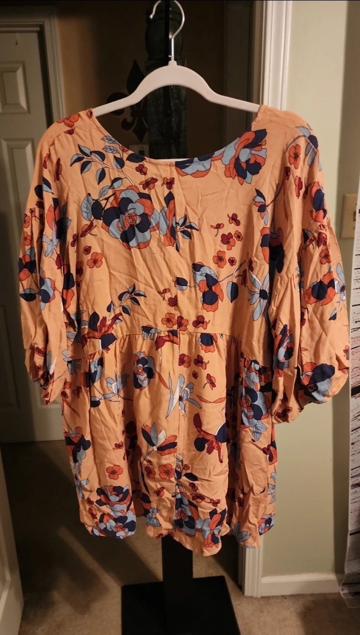 Easel Women’s Orange Floral V-Neck 3/4 Sleeve Tunic Blouse Size M