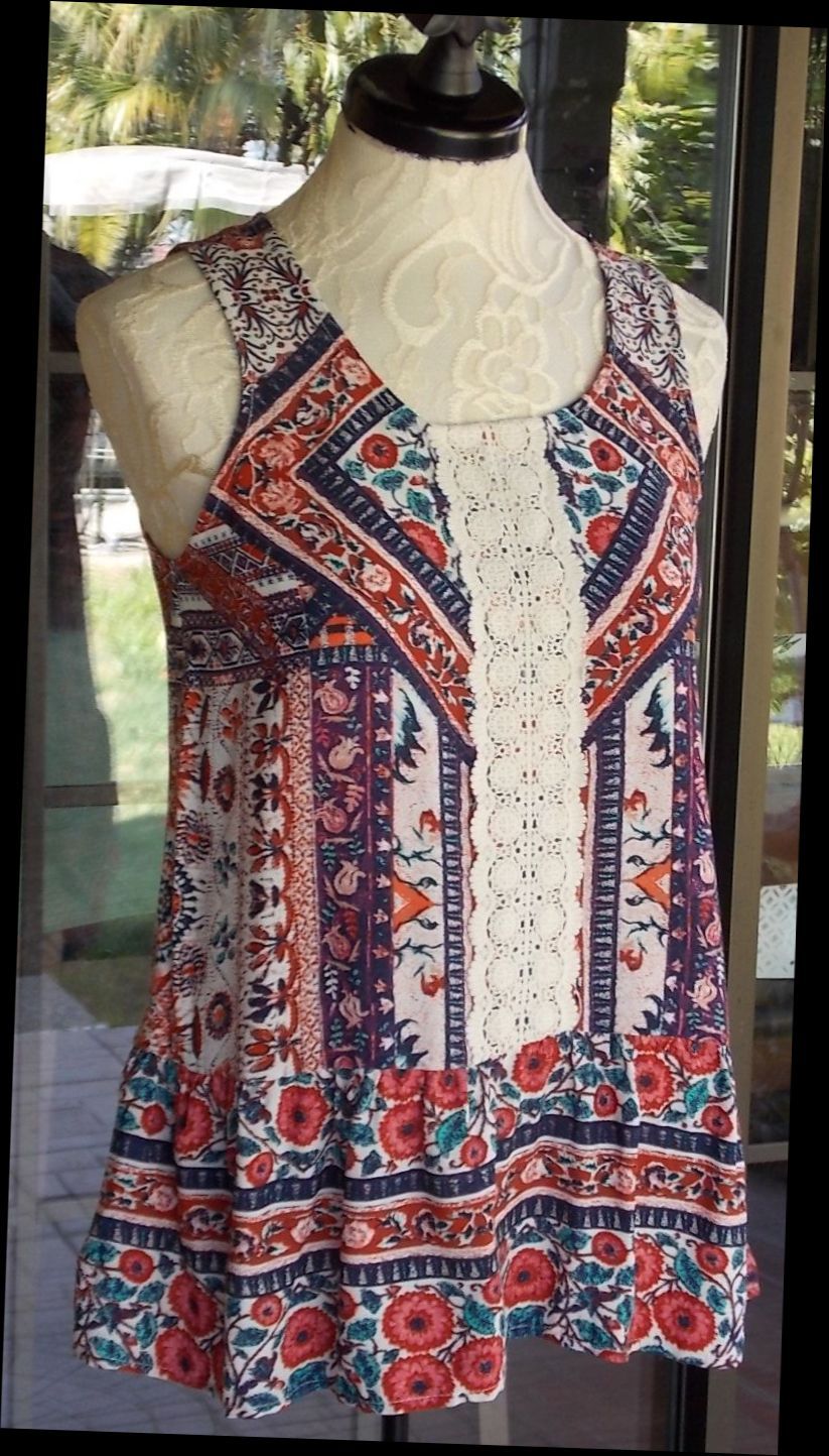 Sleeveless Tunic Blouse Macrame & Ruffle Trim Xhilaration Sz. S 34″ Bust