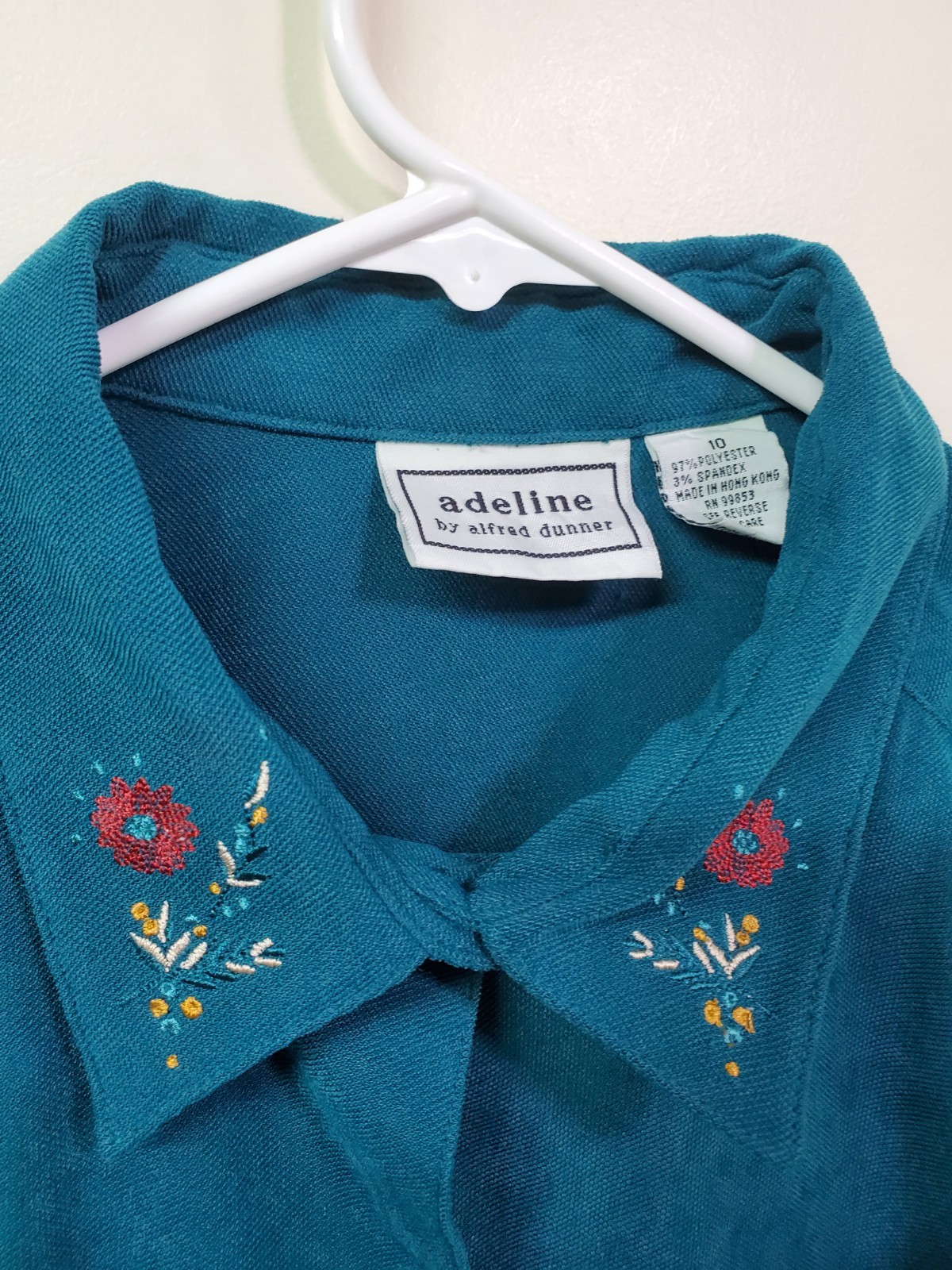 Adeline Alfred Dunner Shirt Size 10 Button Up Blue Teal Floral Polyester Spandex