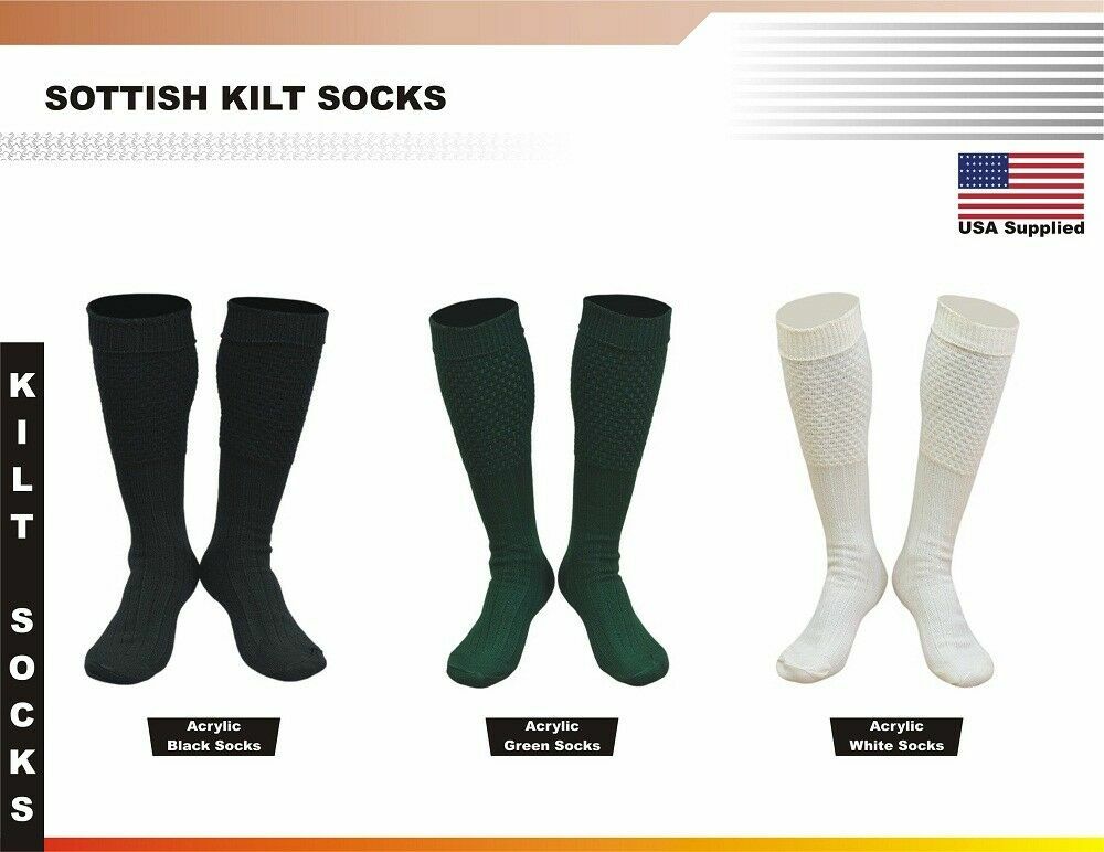 Men New Scottish Irish Highland Long Kilt Hose Socks Green White Black All sizes