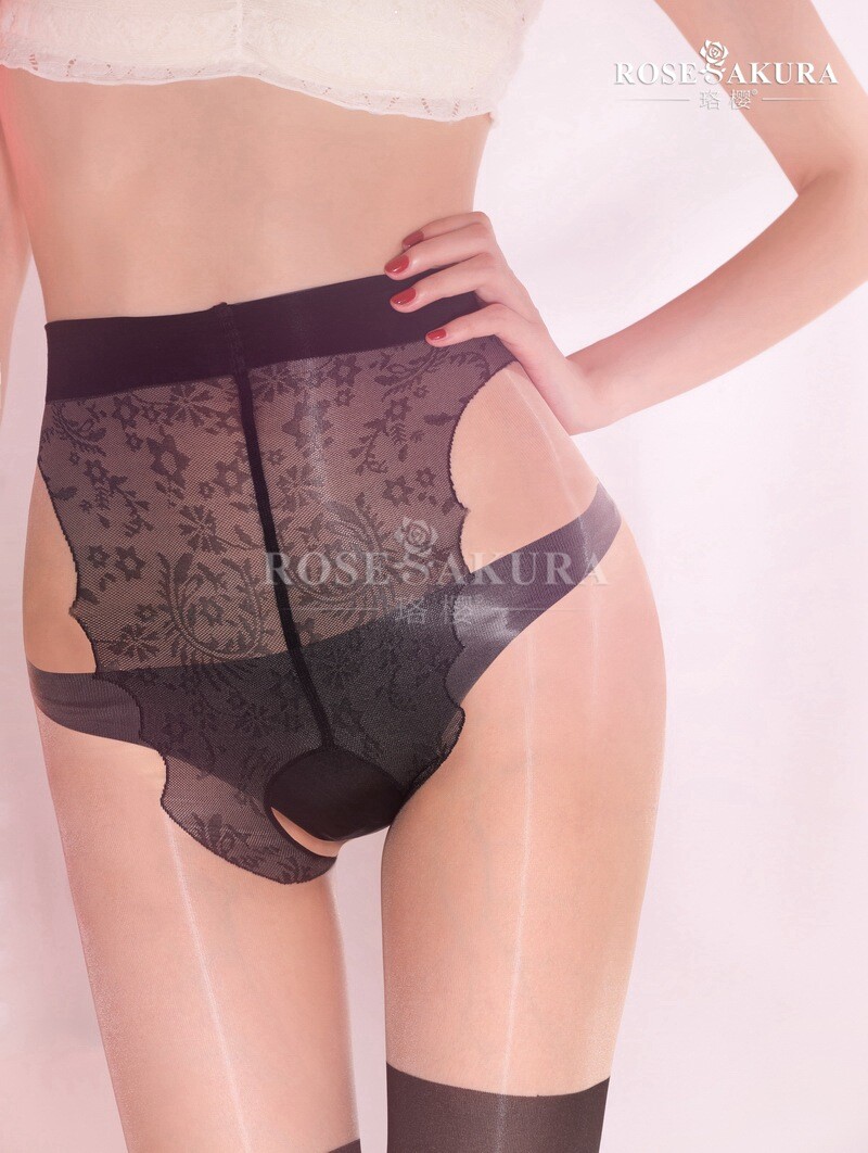 Women’s Oily Shiny Glossy Pantyhose Sheer Back seam Floral Crotchless Stockings