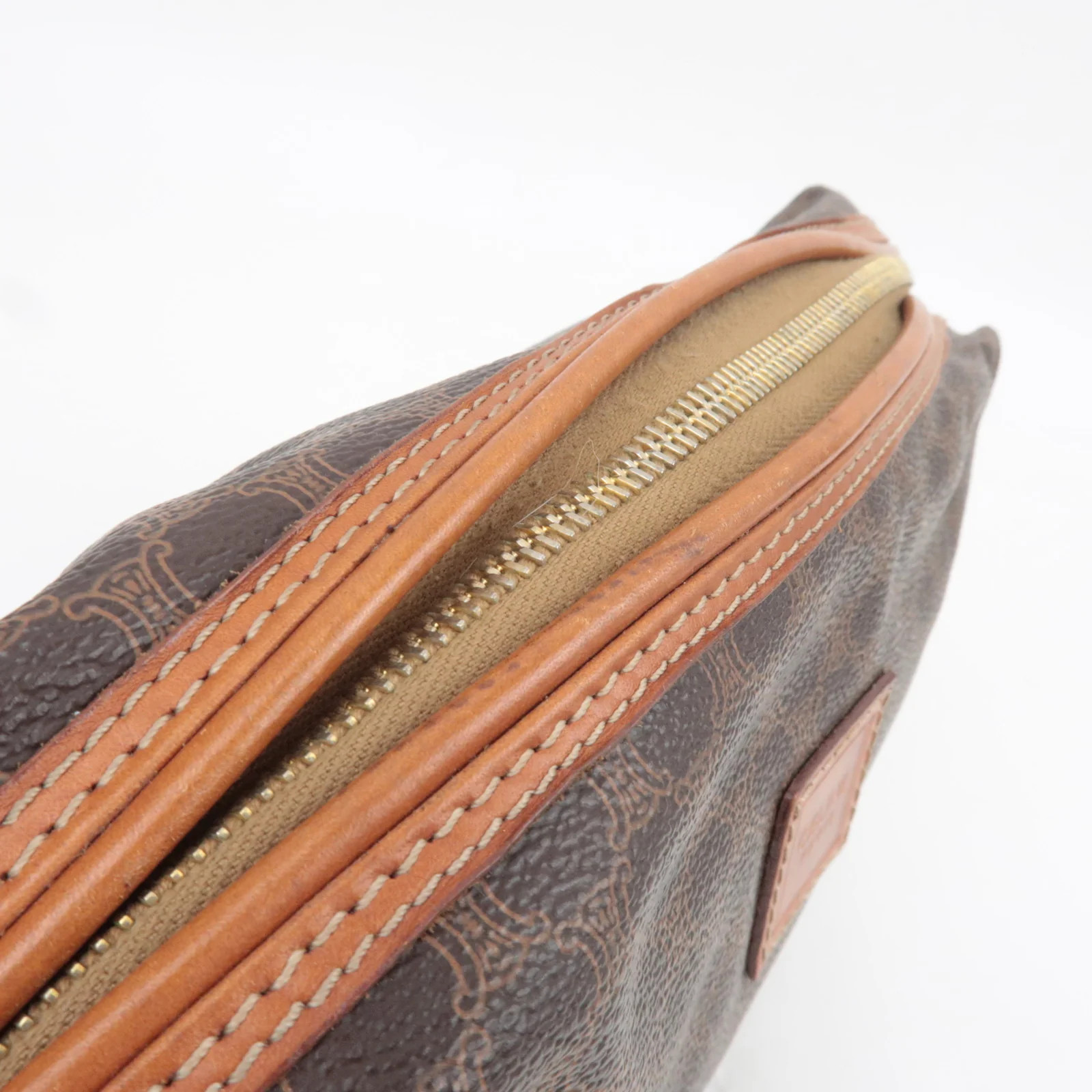 CELINE Macadam PVC Leather Cosmetic Pouch Brown Gold HDW Authentic
