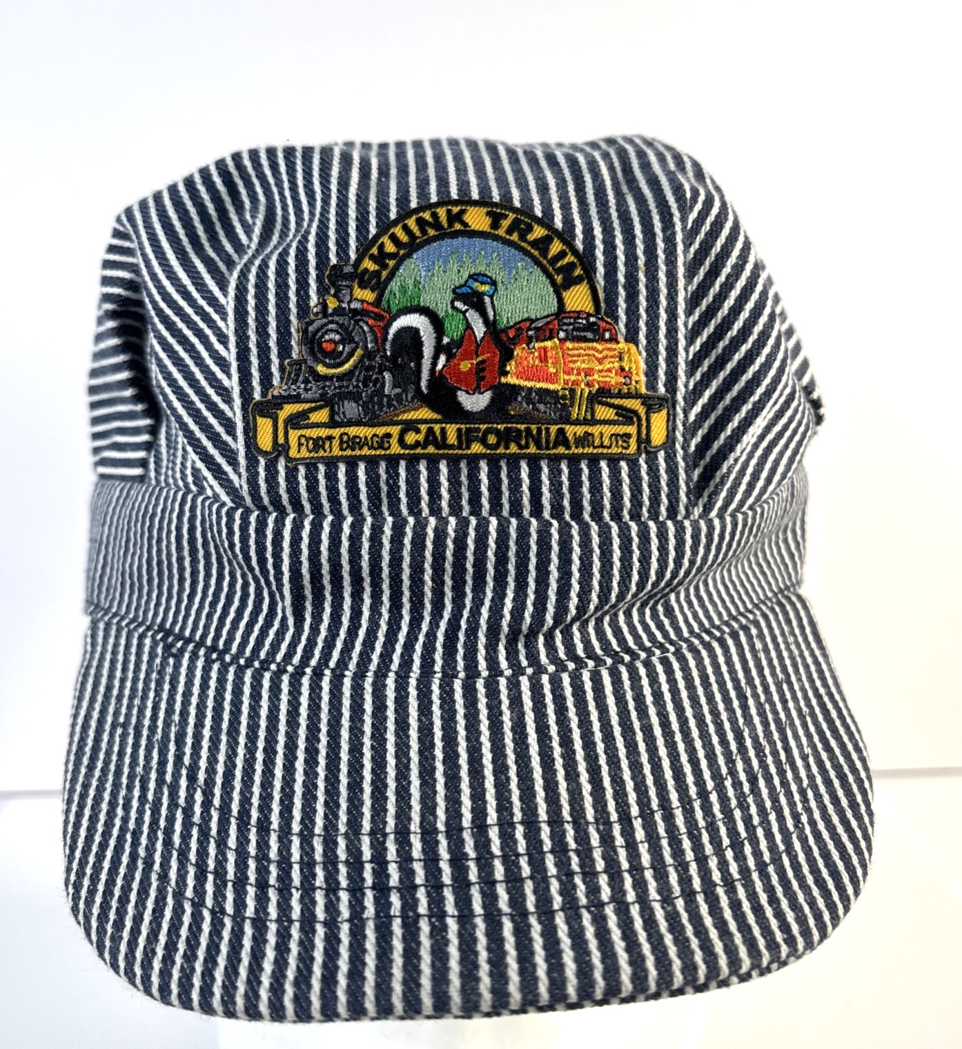 Vintage Skunk Train Fort Bragg Willits Blue Stripe Conductor Hat Adult Cap