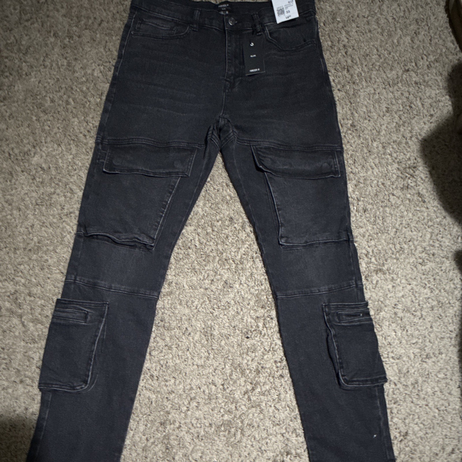 Forever 21 Men’s Black Denim Cargo Jeans Dark Wash Slim Fit Cotton Pockets