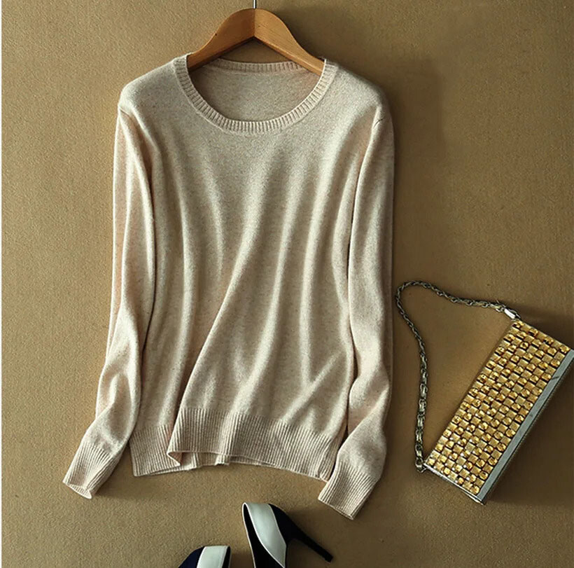 Women Wool Cashmere Sweater Knitted Pullover Slim Crew Neck Sweater Solid Jumper