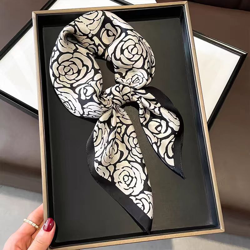 Satin Square Scarf 70x70CM Camellia Print Black White Wrap for Women Spring Fall
