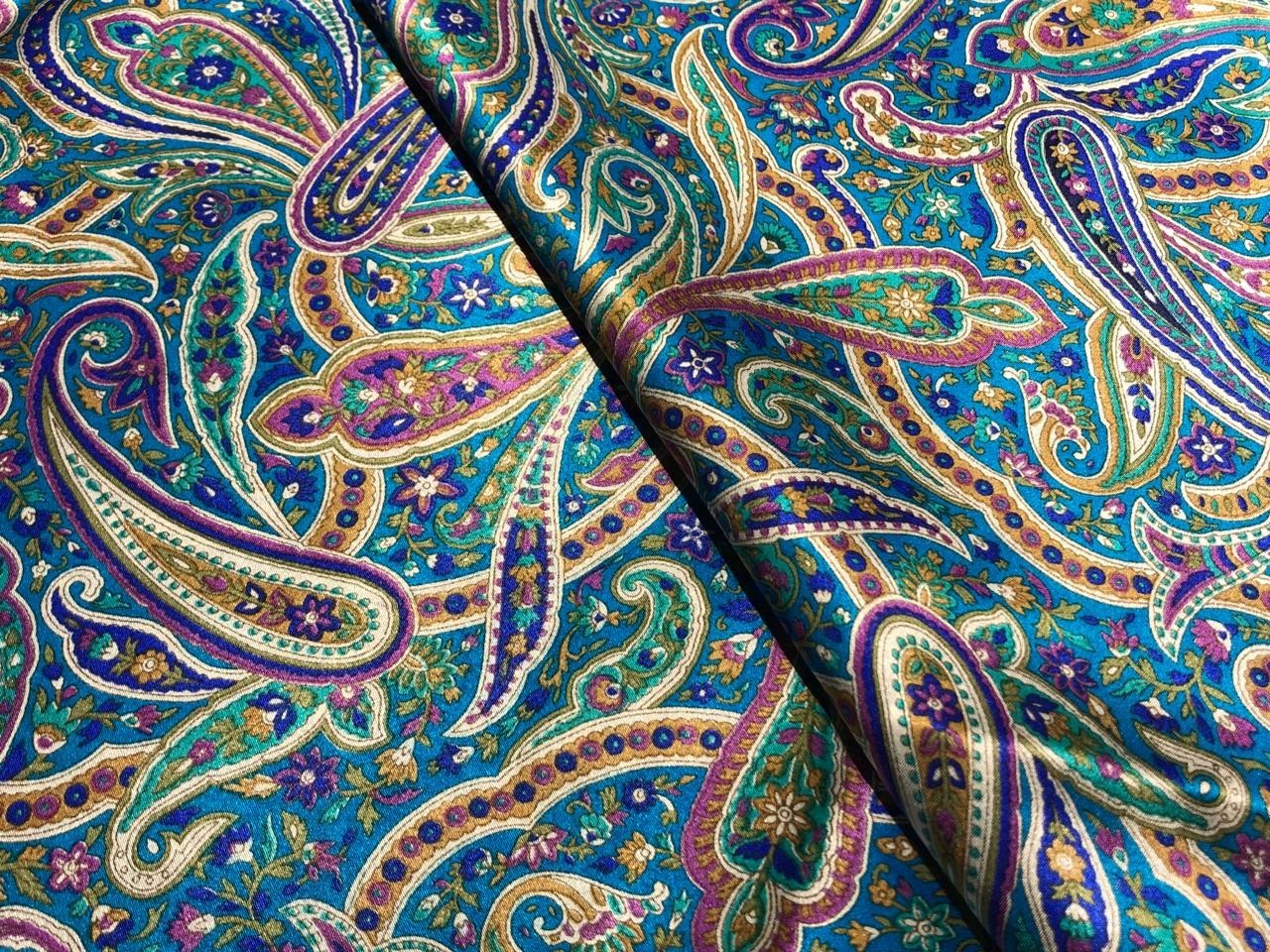 Vibrant Blue Multicolor Paisley Print 112cm Wide PURE SILK Satin Fabric