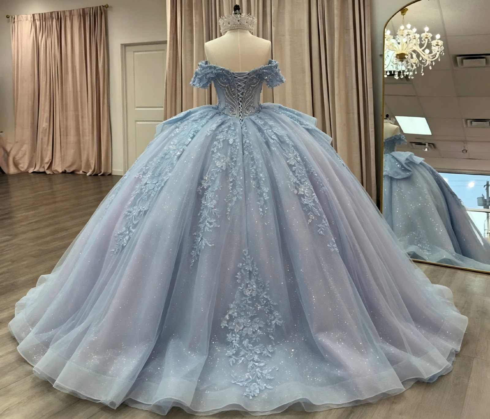 Light Blue 3D Floral Glitter Quinceanera Ball Gown Rhinestone Sweet 16 Dress