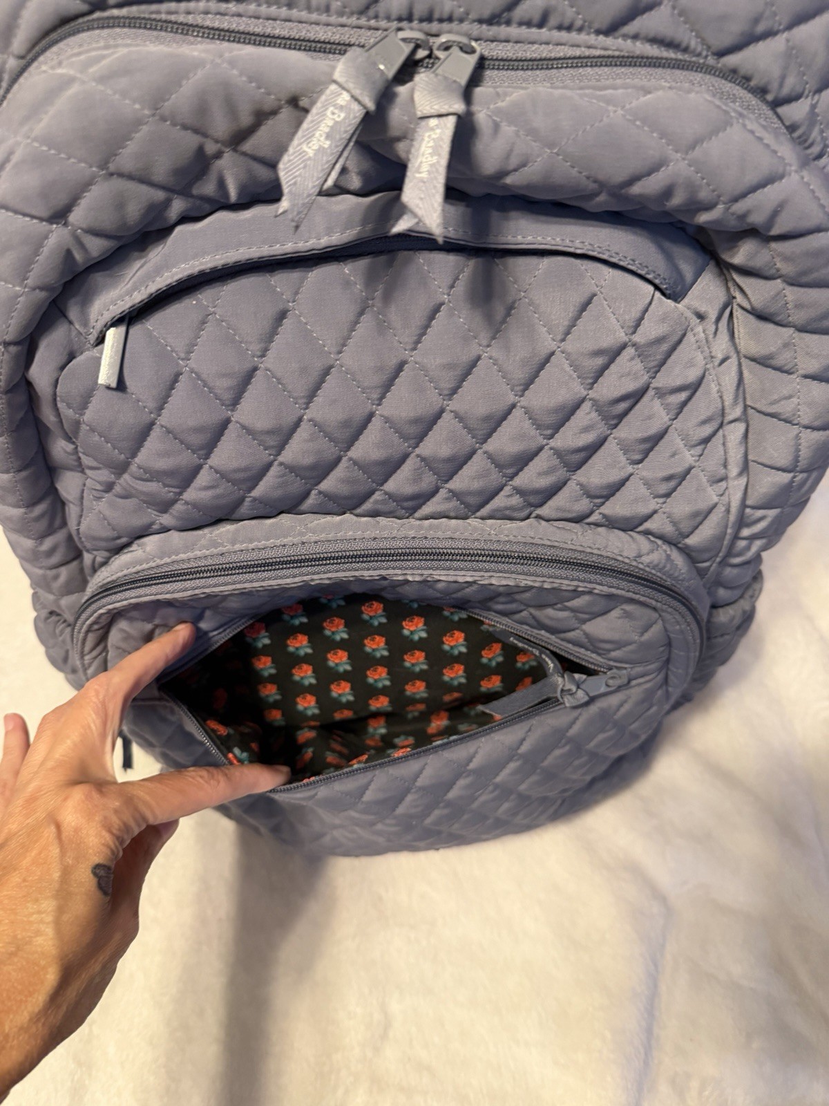 Vera Bradley Essentials Large Backpack Carbon Gray Quilted Rose Flower Lined EUC