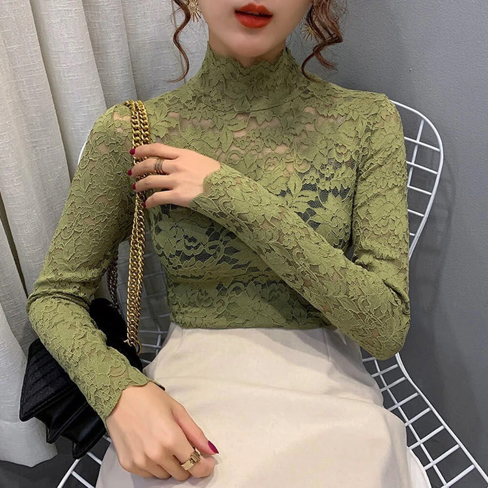 Women Lace Long Puff Sleeve Top Stretch Solid Turtleneck Blouse Casual