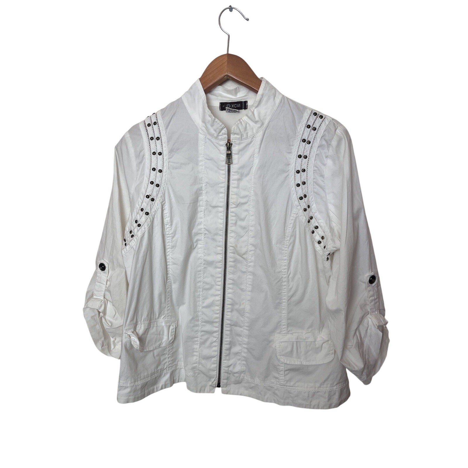 XCVI White Embellished Zip Shirt Stretch Jacket Studded Beaded Cotton Sz Large