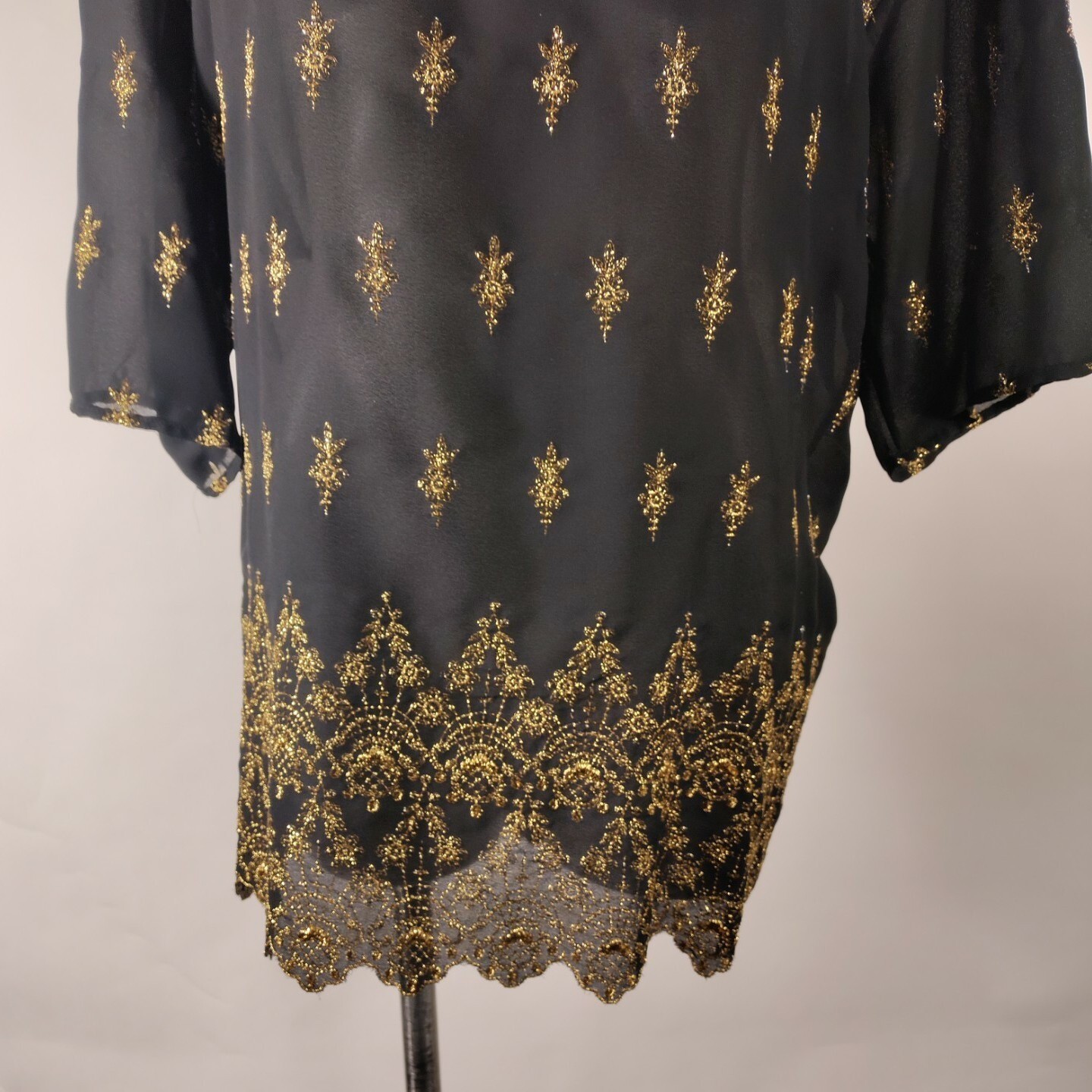 ABS Allen Schwartz Collection Black Blouse Top Gold Embellishments Sz M – Stains